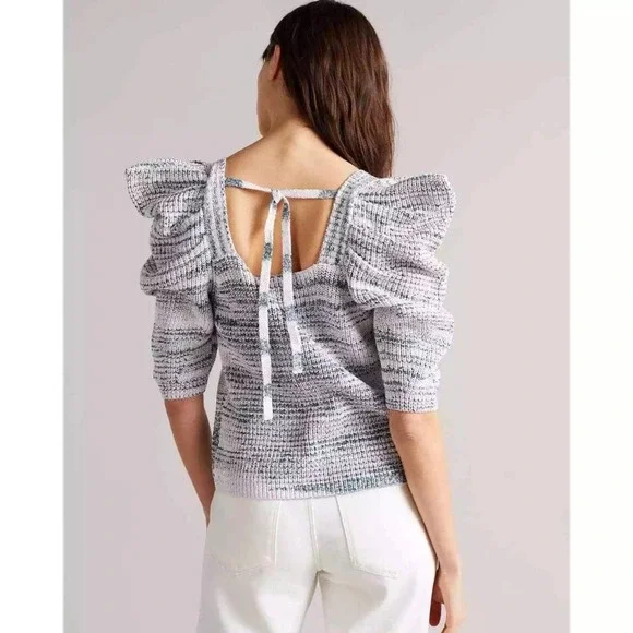 TED BAKER Aspel Puff Sleeve Sweater Womens 12 14 White Gray Marled Tie Back Knit - Picture 2 of 16
